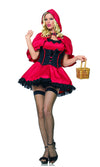A blonde woman wearing a short red and black Red Riding Hood costume with hood, holding a basket and wearing black fishnet stockings