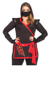 Closeup of plus size black and red woman's ninja costume with face mask, gauntlets, tunic, pants and red sash