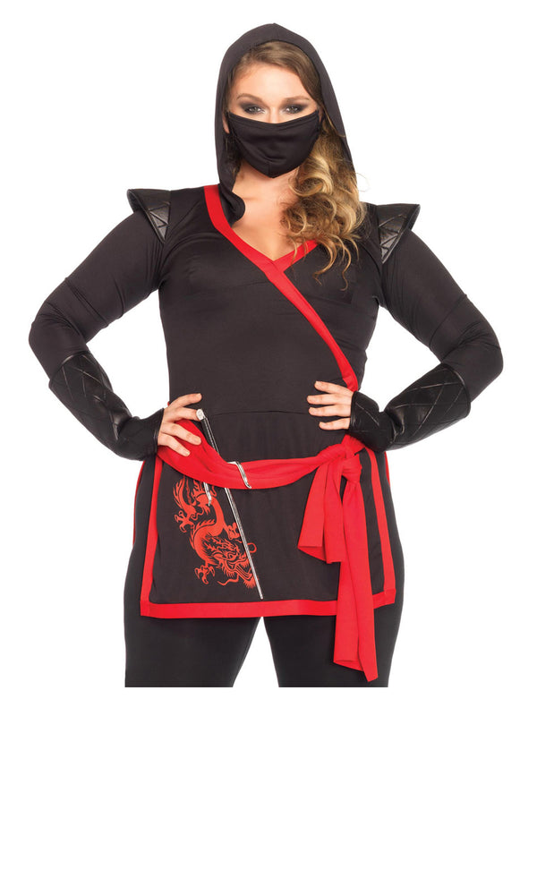 Closeup of plus size black and red woman's ninja costume with face mask, gauntlets, tunic, pants and red sash