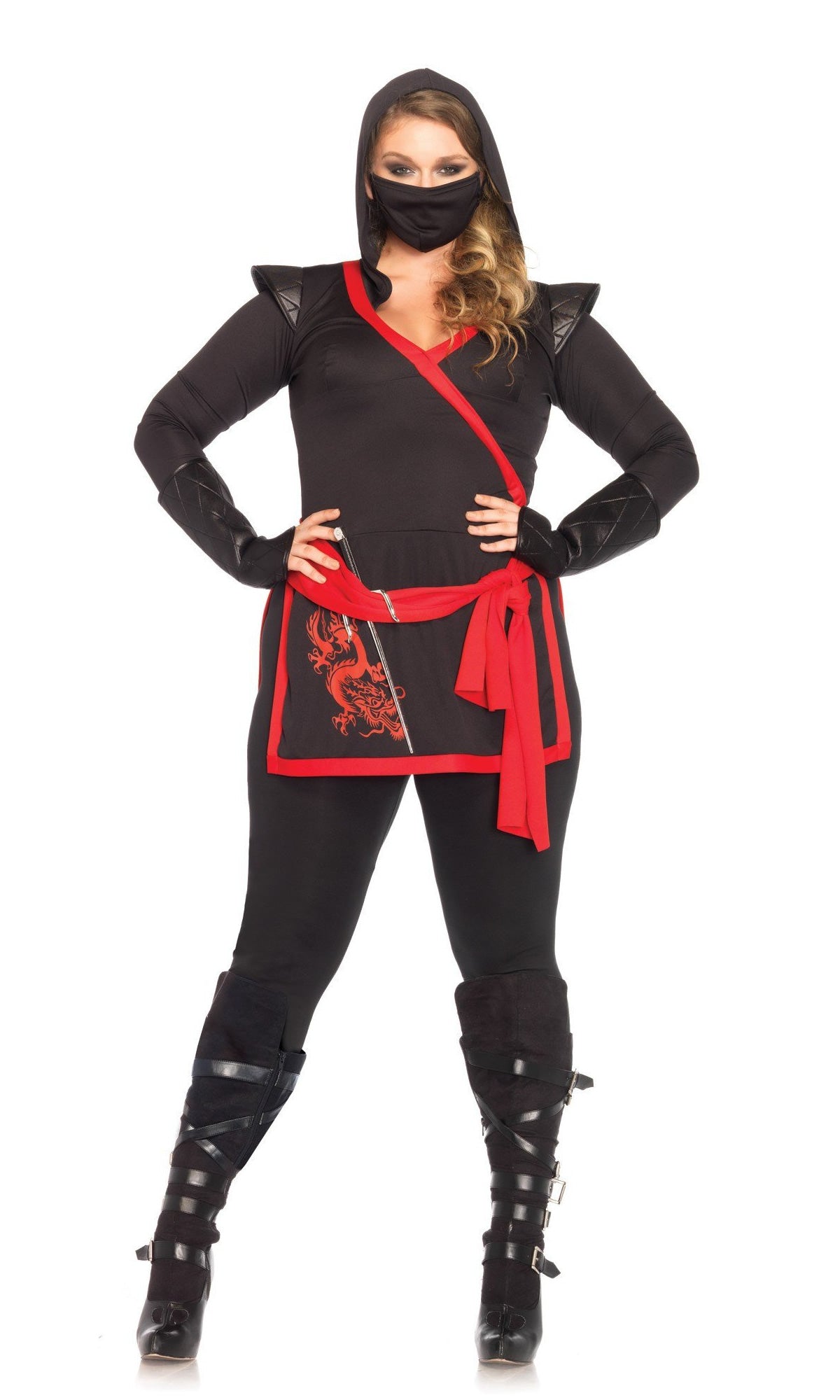 Plus size black and red woman's ninja costume with face mask, gauntlets, tunic, pants and red sash