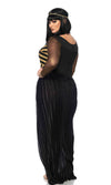 Back of plus size cutout dress with golden catsuit, headpiece and collar