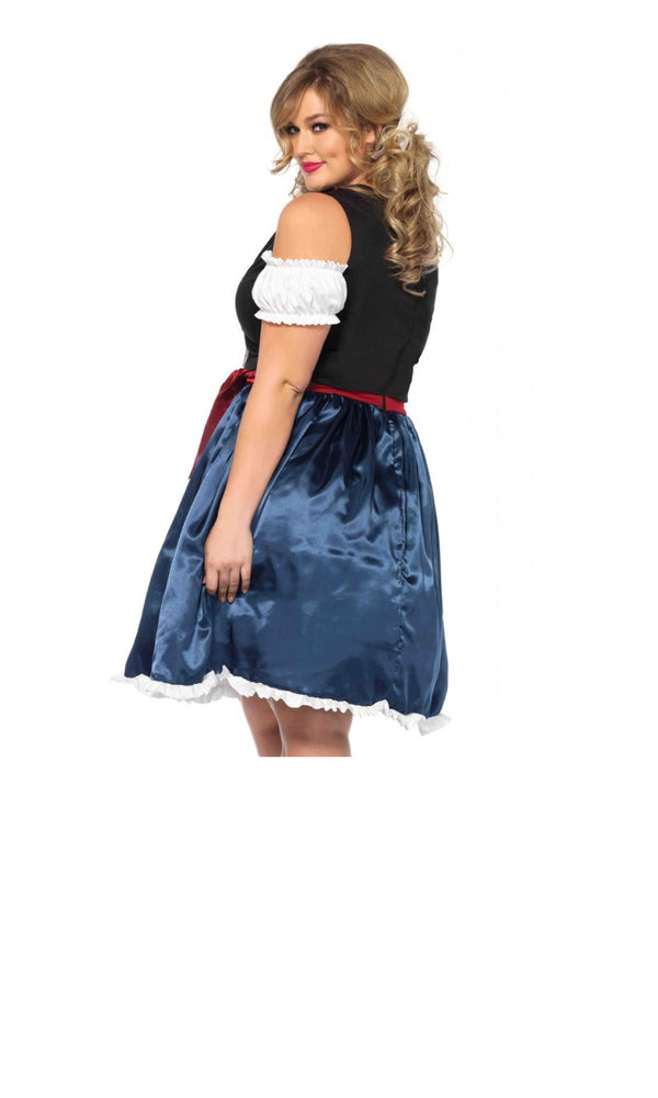 Back of plus size blue and black Oktoberfest dress with red apron and bow
