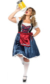 Plus size blue and black Oktoberfest dress with red apron and bow