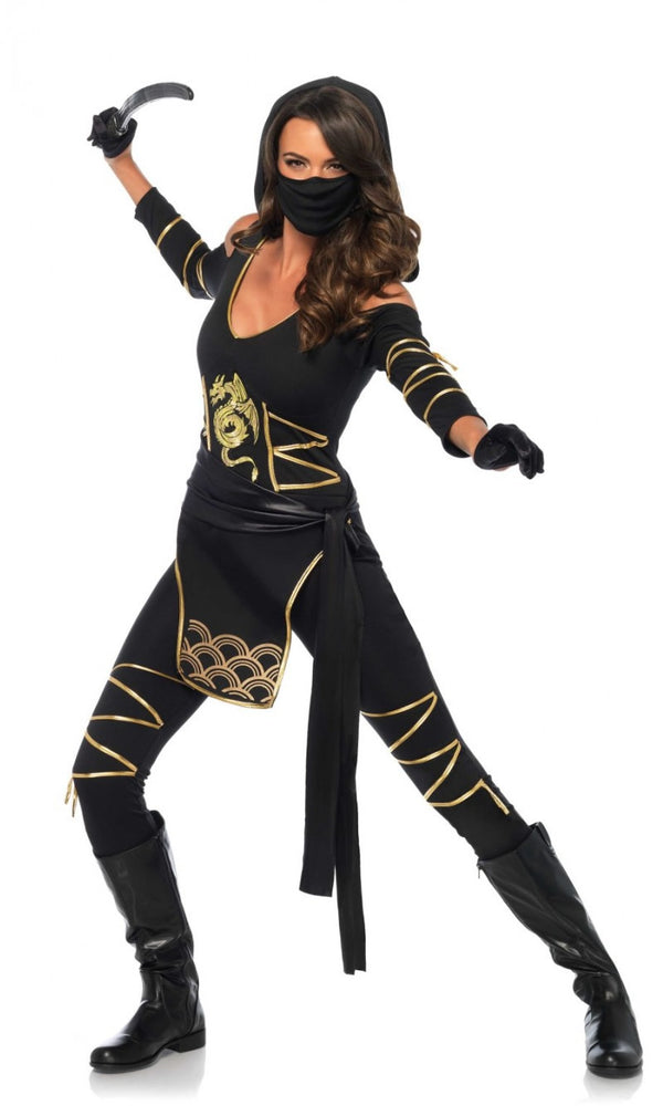 Fighting pose of black and gold woman's ninja catsuit with face mask and waist sash
