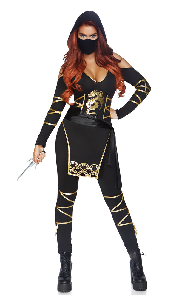 Alternate view of black and gold woman's ninja catsuit with face mask and waist sash