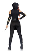 Back of black and gold woman's ninja catsuit with face mask and waist sash