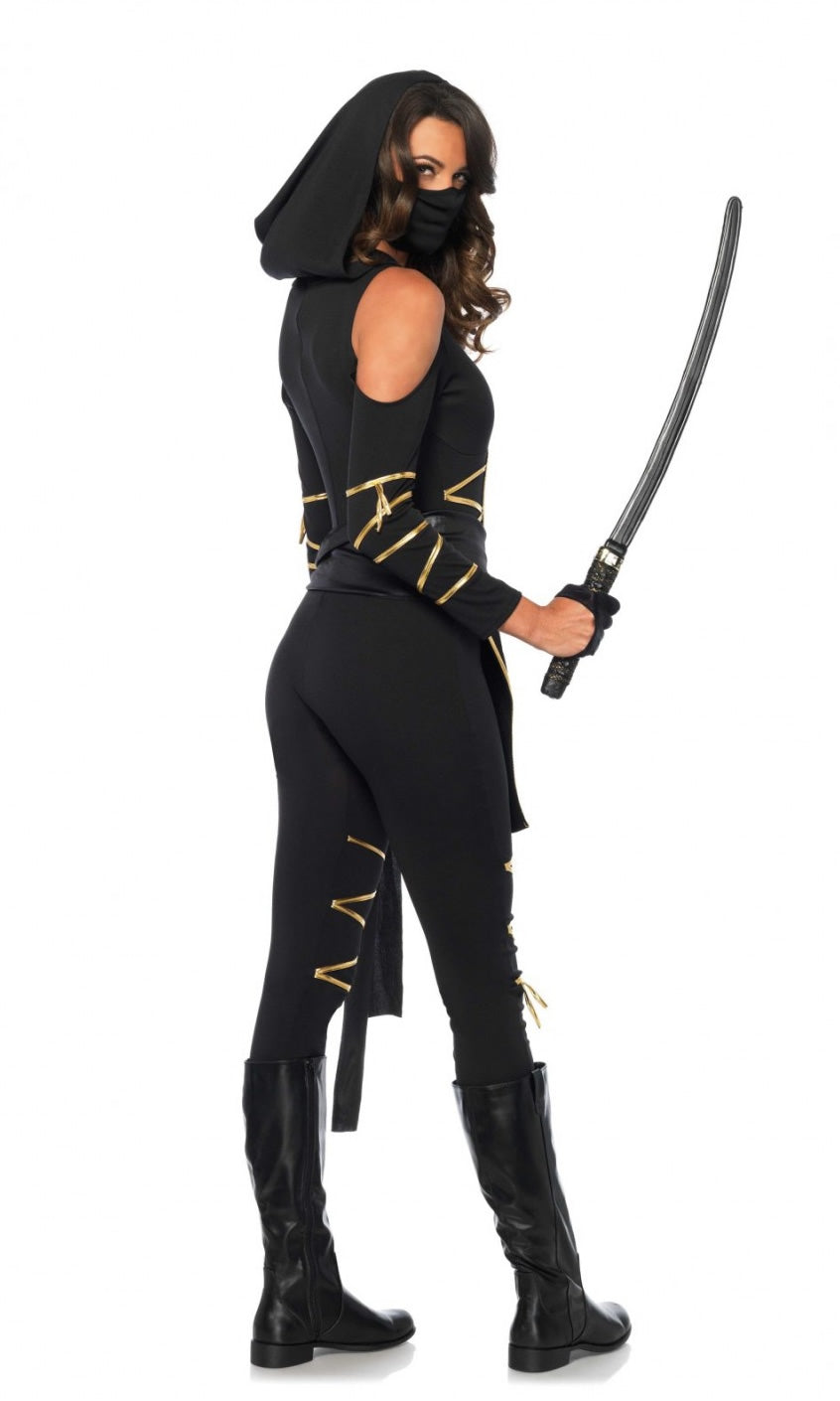 Side of black and gold woman's ninja catsuit with face mask and waist sash