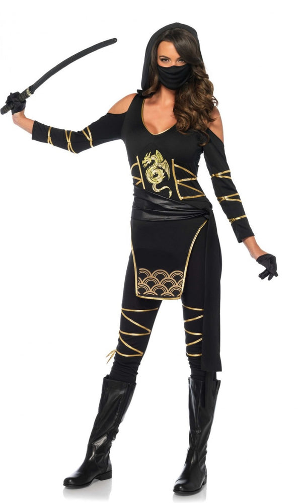 Black and gold woman's ninja catsuit with face mask and waist sash
