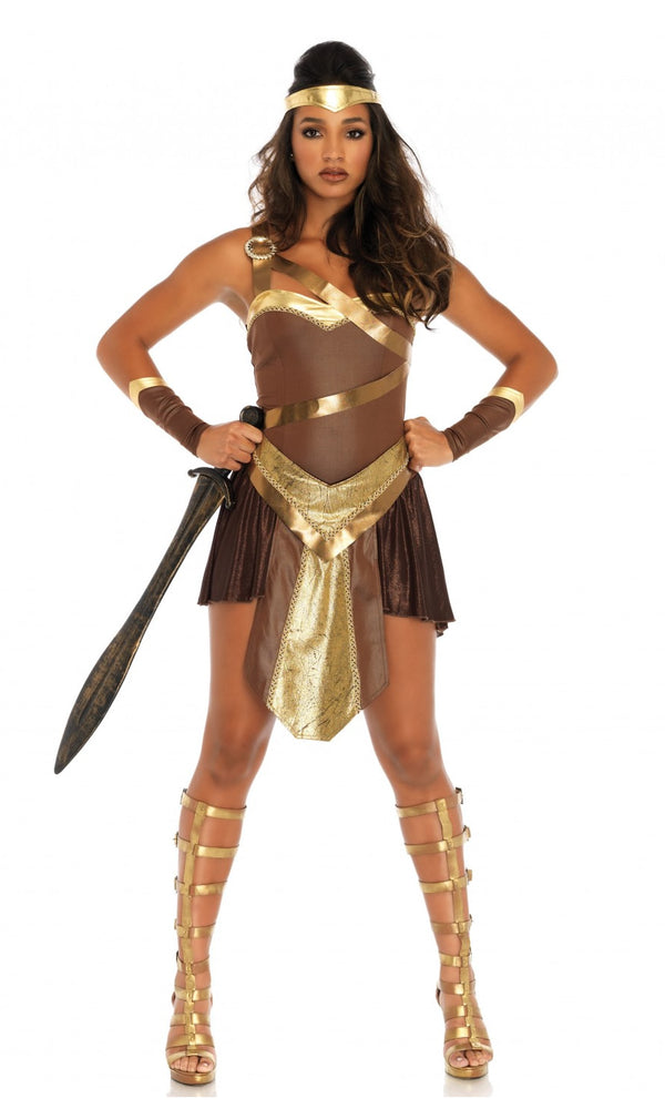 Short gold and brown gladiator dress with arm cuffs and headband
