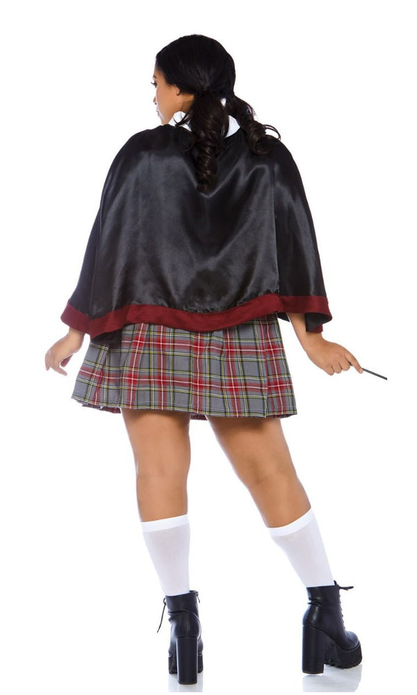 Back of plus size Harry Potter style school girl dress with cape