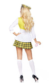 Back of yellow and white Cher from Clueless costume, short skirt with top, wrist puff and matching beret