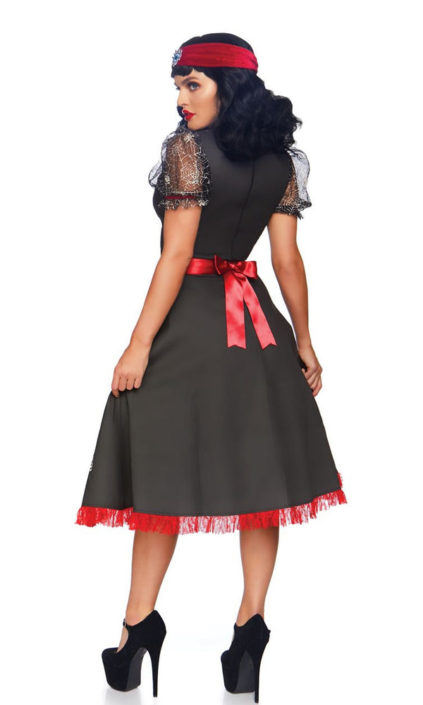Back of fortune teller Ouija board dress with cobweb sleeves and red headband