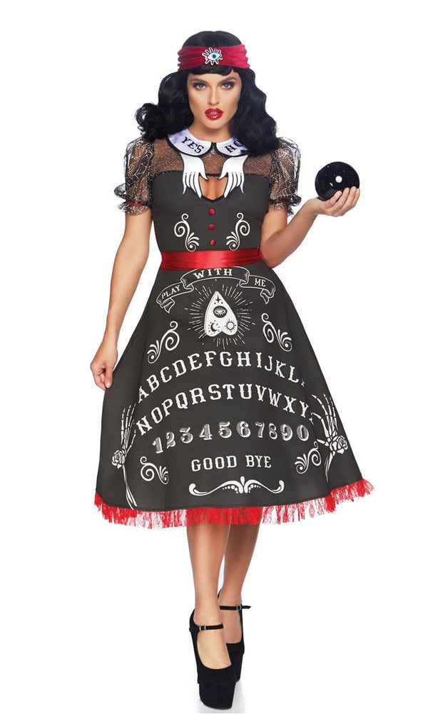 Fortune teller Ouija board dress with cobweb sleeves and red headband