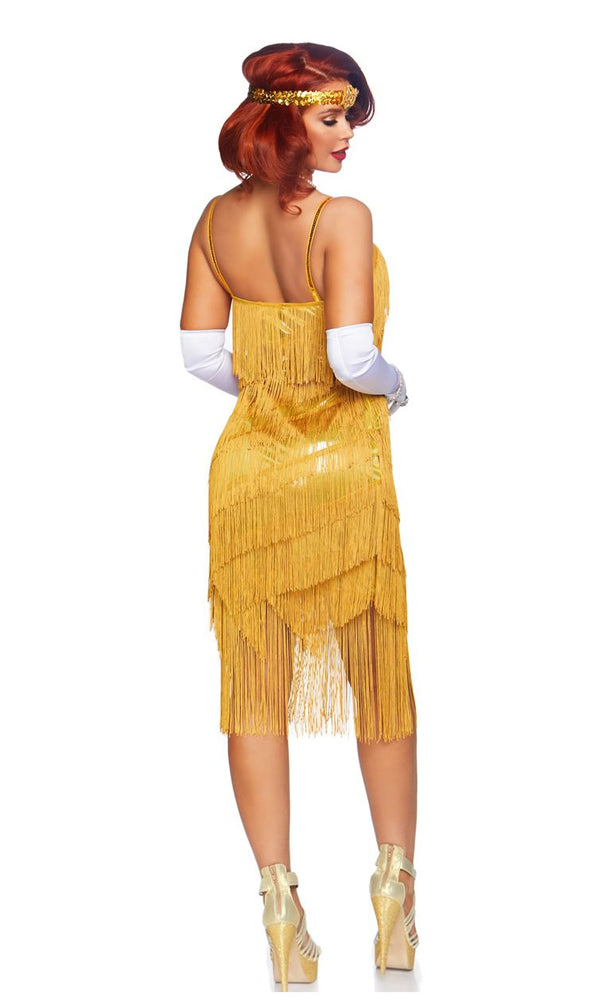 Back of gold flapper dress with tassels and headband