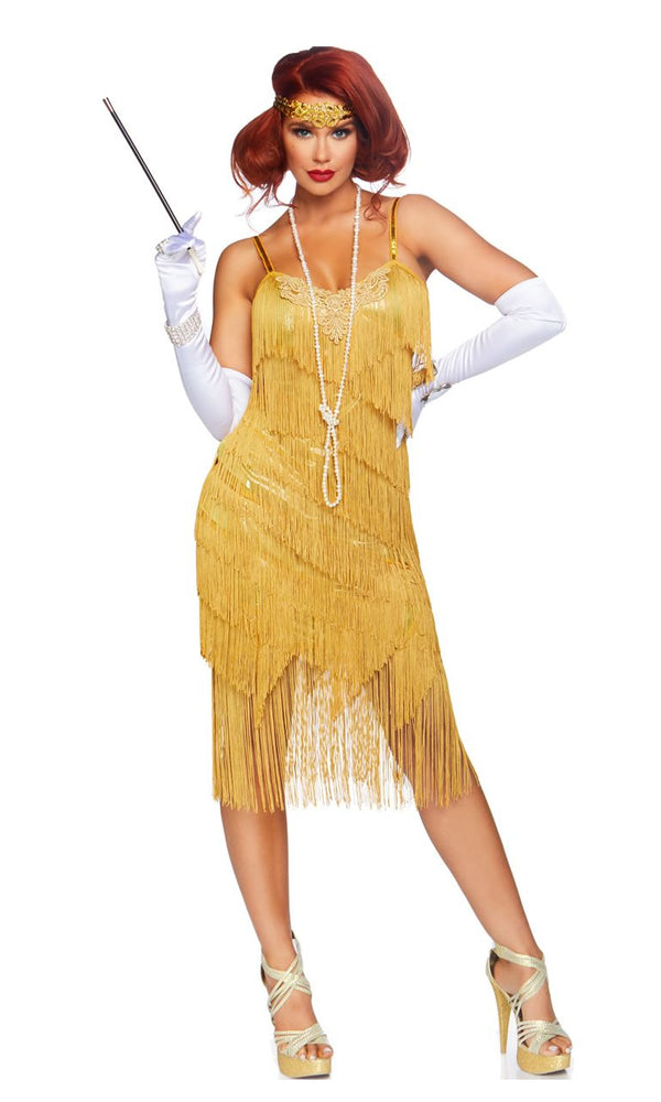 Gold flapper dress with tassels and headband