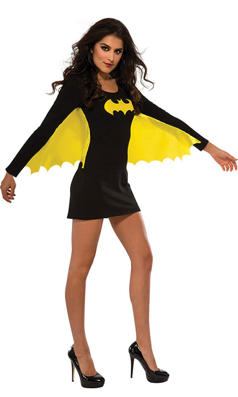 Black Batgirl dress with attached yellow wings and yellow batman logo