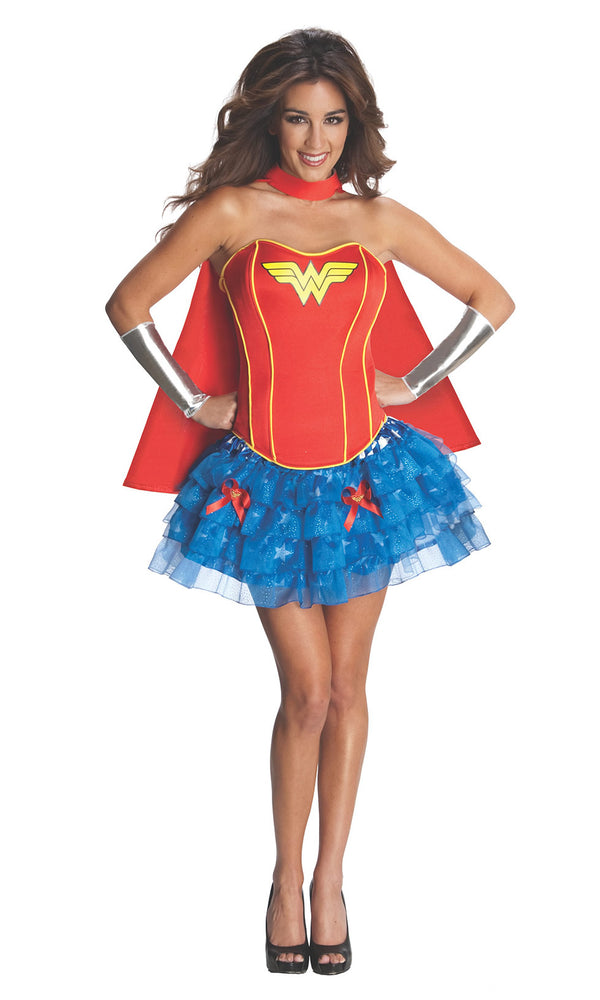 Short red and blue Wonder Woman costume with silver wrist cuffs and red cape