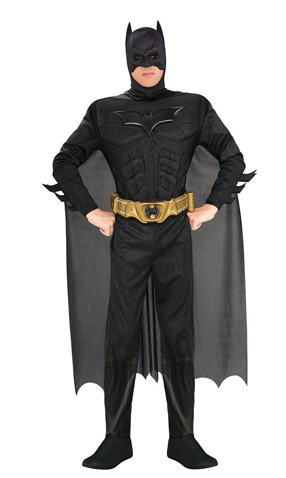 Black muscle chest Batman costume with headpiece and attached cape, with belt