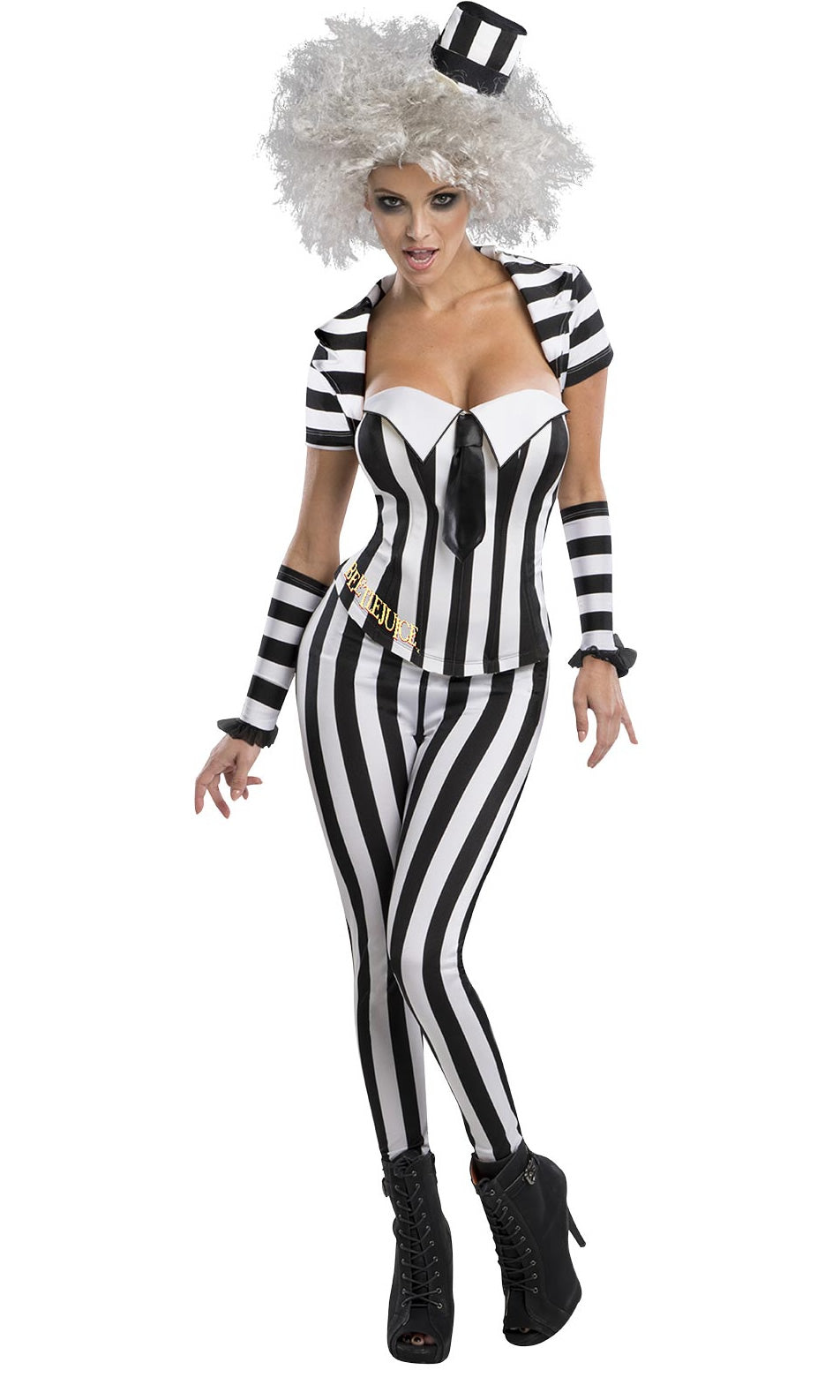 Woman's Beetlejuice costume with hat and gloves