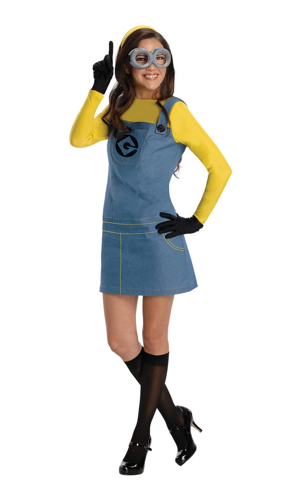 Female Minion blue and yellow costume with headband, goggles and gloves