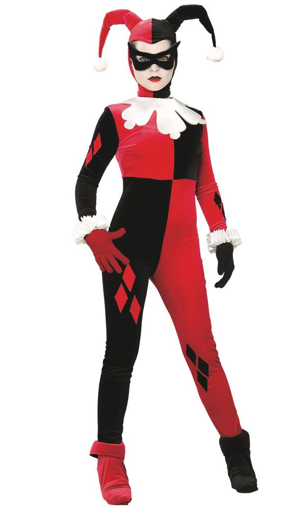 Harley Quinn jumpsuit costume with head piece, mask, gloves and wrist cuffs