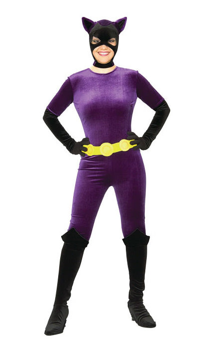 Traditional purple Catwoman costume with headpiece, gloves and belt