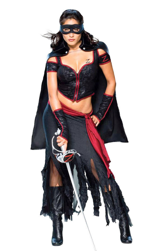 Woman's black and red Zorro costume with cape, mask and gloves