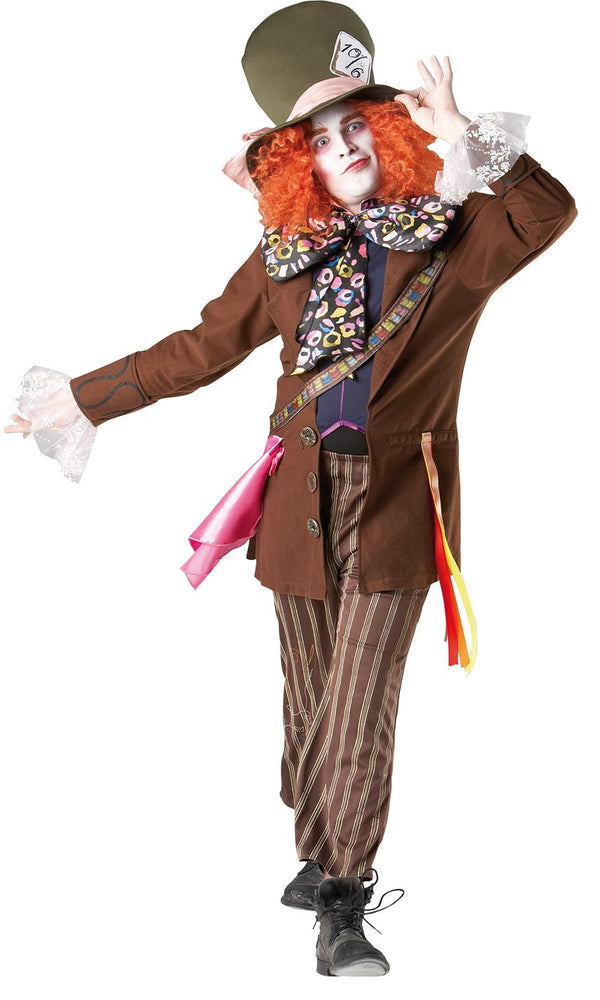 A person wearing a deluxe costume resembling the Mad Hatter from Alice in Wonderland, with a brown jacket, striped pants, a bow tie, and a hat with attached hair.