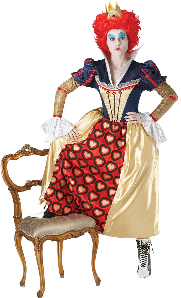 Long Queen of Hearts costume in red, gold, blue with crown and red wig