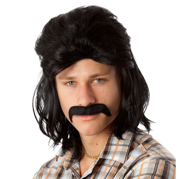 80s black mullet wig with tash