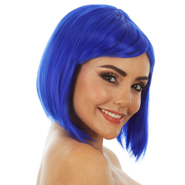 Side view of woman's blue bob style wig