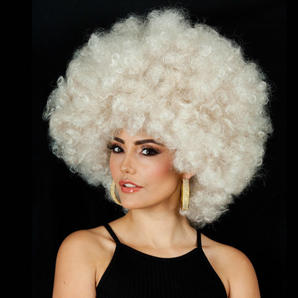 Jumbo blonde afro wig worn by female