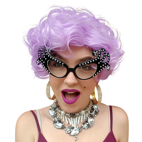 Dame Edna lilac wig and glasses