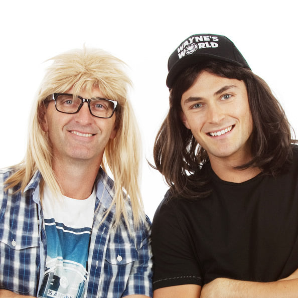 Garth Algar styled blonde wig with glasses next to Wayne 
