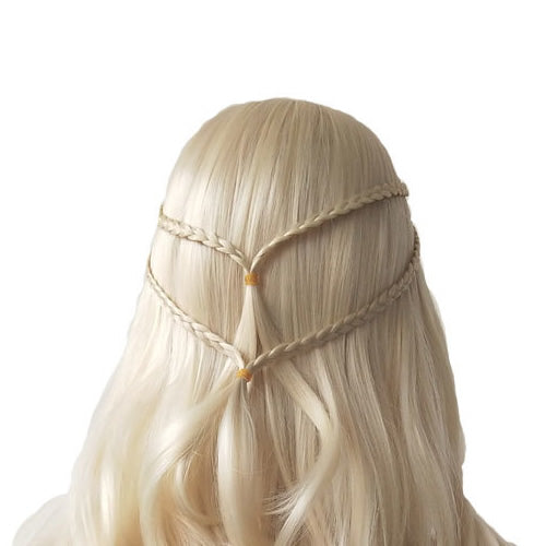 Back of long blonde Daenerys Khaleesi style wig with two braids