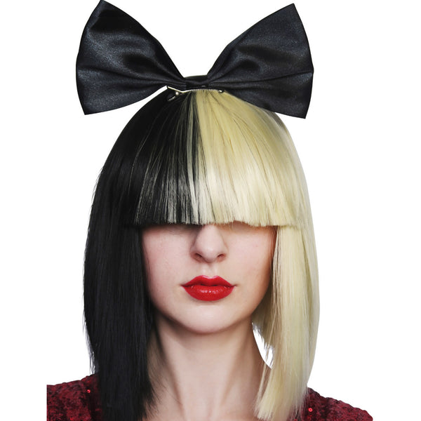 Two sided black and blond Sia wig with black bow