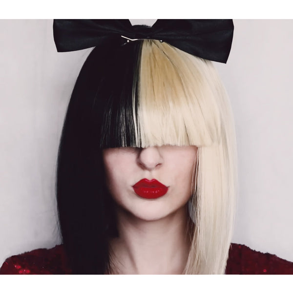 Alternate view of two sided black and blond Sia wig with black bow