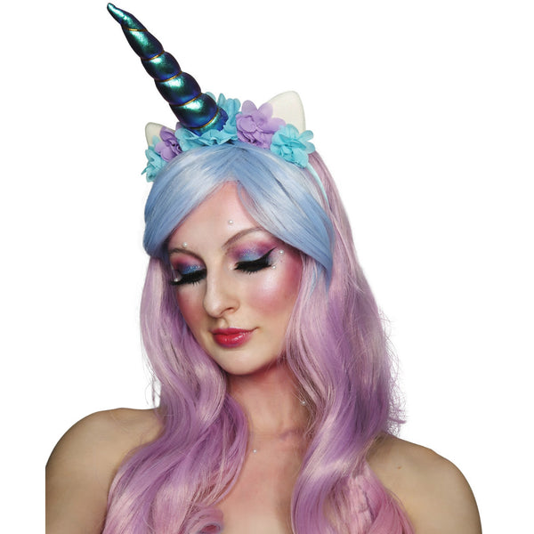 Pink and blue unicorn wig with horn headband