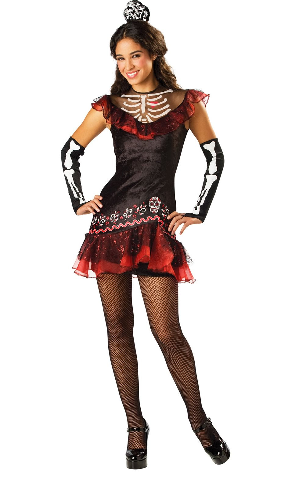 Short red and black skeleton style Day of the Dead dress with headpiece
