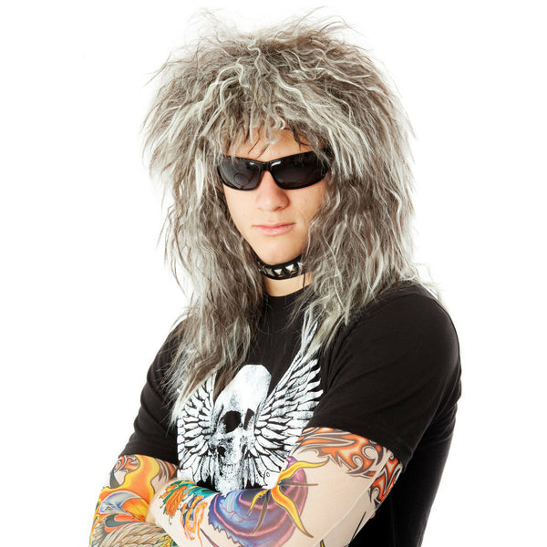 1980s glam rock Bon Jovi style wig and tattoo sleeves