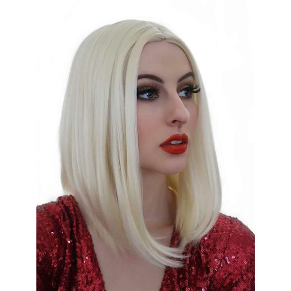 Long blonde bob style wig side view