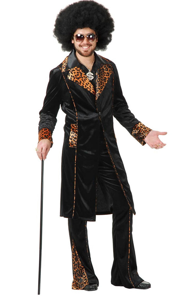 Black pimp style men's jacket and pants with leopard pattern segments