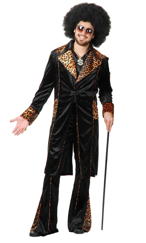 Alternate view of black pimp style men's jacket and pants with leopard pattern segments