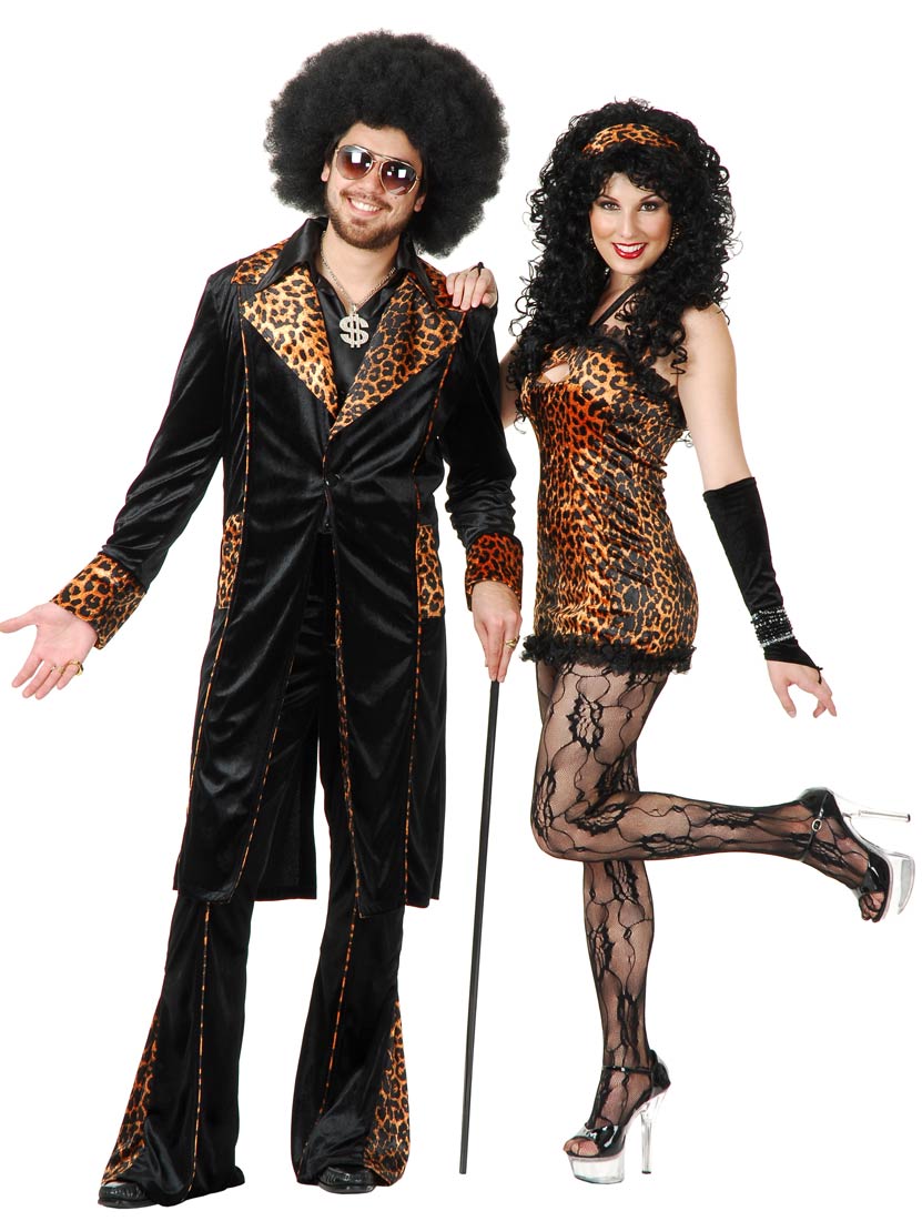 Black pimp style men's jacket and pants with leopard pattern segments standing next to partner