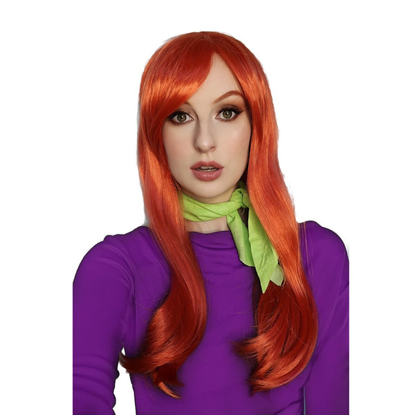 Long orange Daphne Scooby Doo wig with green scarf