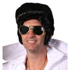 Black Elvis wig shown with gold glasses