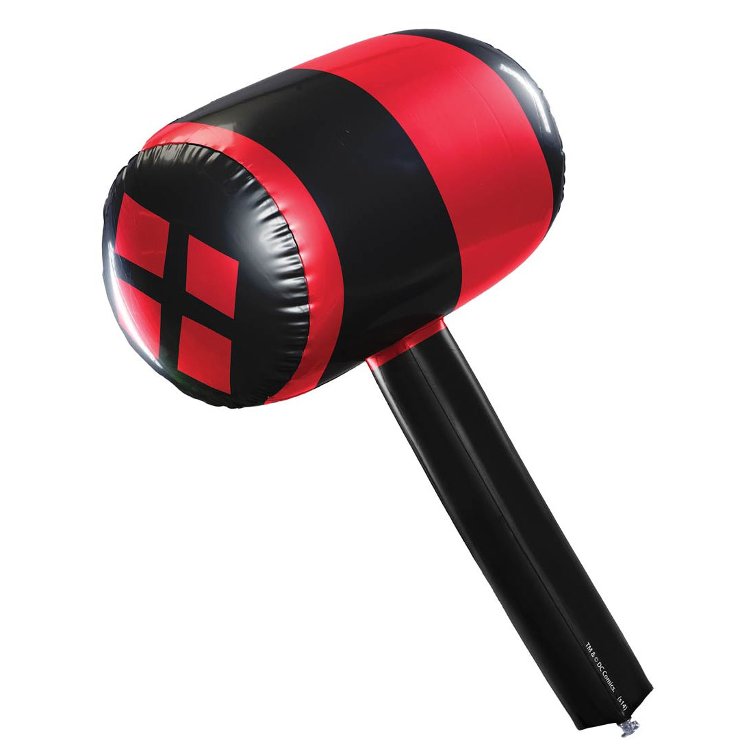 Inflatable mallet with a black and red design resembling Harley Quinn's iconic color scheme.