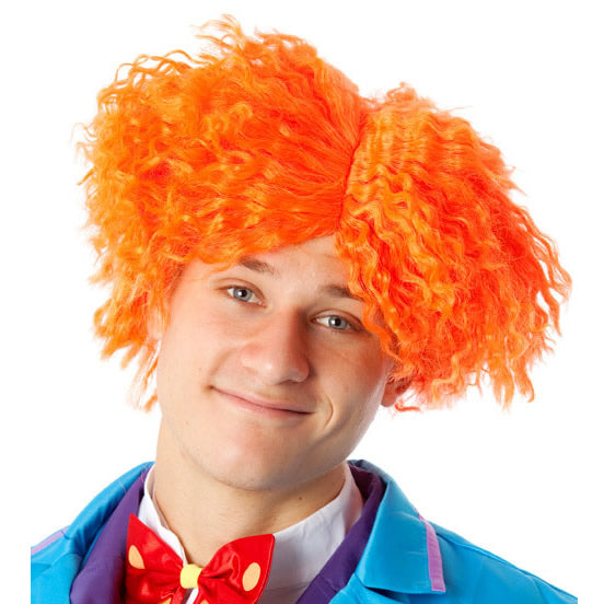 A man wearing an orange Mad Hatter style wig with a playful expression.