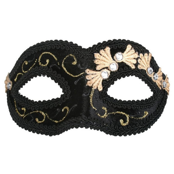 Black velvet eye mask with gold glitter and embroidery