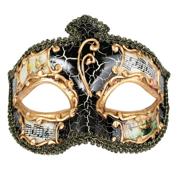 Black masquerade mask with music symbols and cracked look